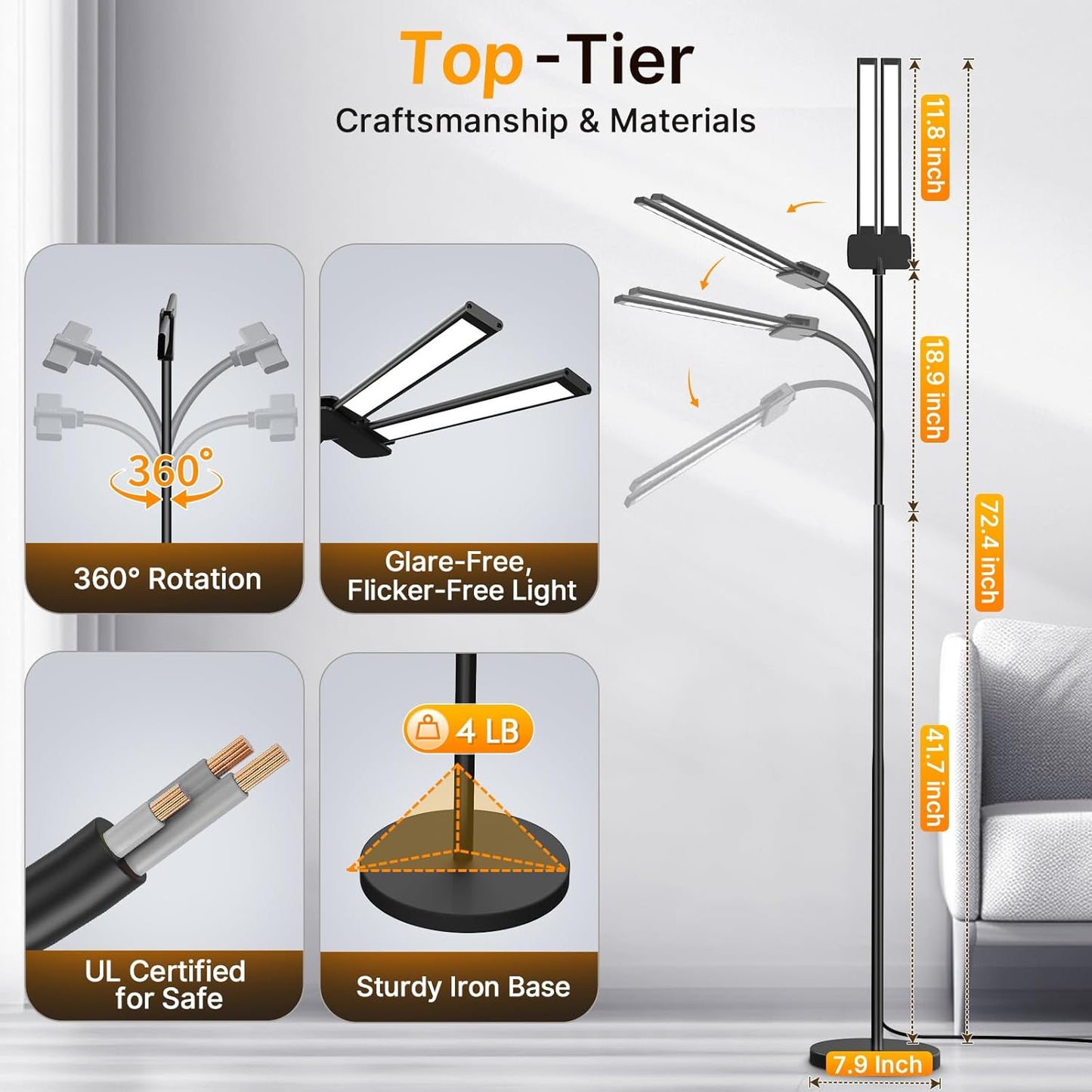 Syrinx LED Floor Lamp, 14W 2000LM Bright Reading Floor Lamp for Office, Gesture & Remote Control, Dual Head Goose-Neck Standing Lamp, Dimmable Brightness & Color Temp, Eye Caring Light for Living Room