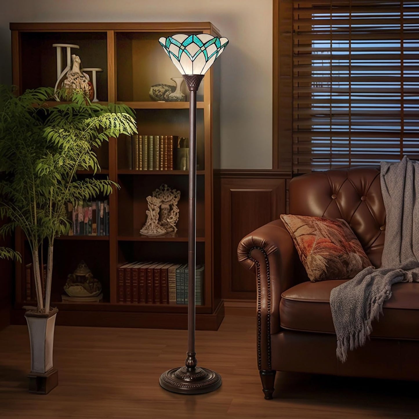 Capulina Tiffany Lamp Stained Glass Torchiere Floor Lamp 70 Inches Tall Dark Bronze Pole Green Romantic Tiffany Style Torch Standing Lamp for Living Room Bedroom Home Office