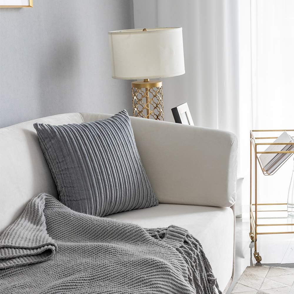 Kevin Textile Decorative Pillow Covers Decor Supersoft Striped Velvet Throw Toss Pillowcase Cushion Cover for Chair, Light Grey, (45x45 cm, 18inch), 2 Pieces