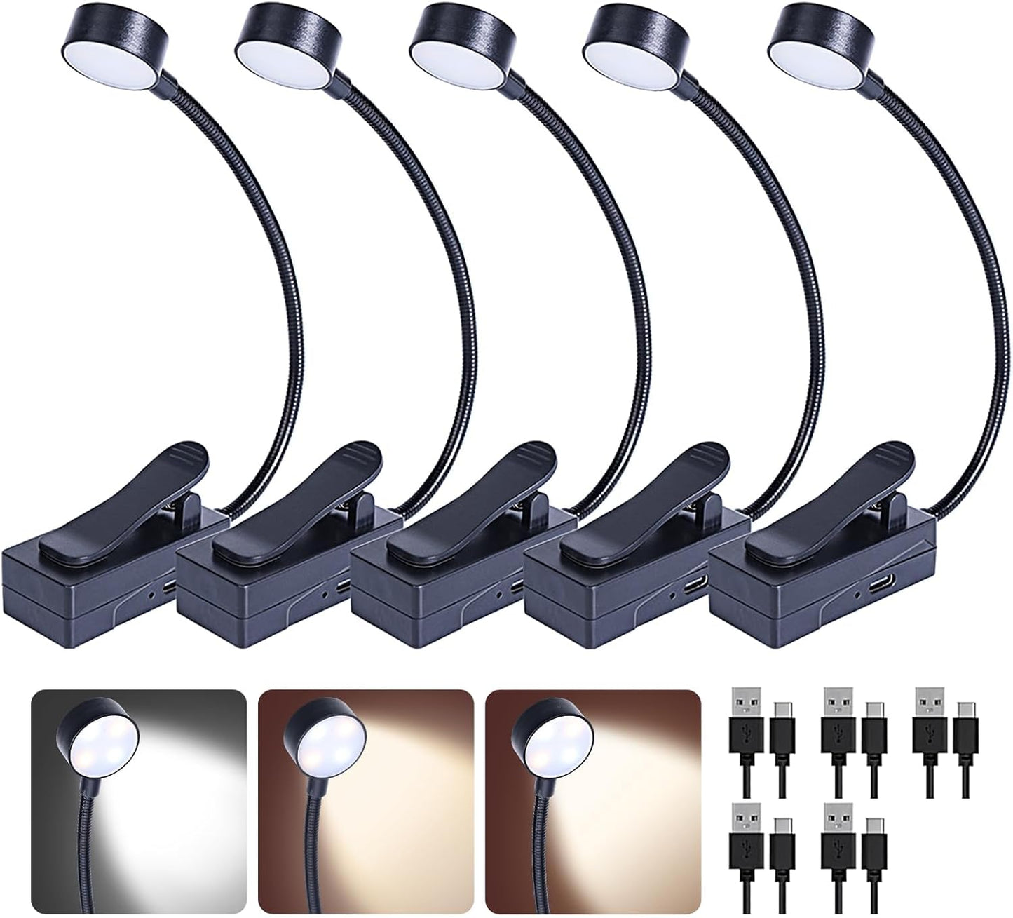 KunHe 5 Pack Rechargeable Book Light Bulk Clip-On Reading Lights for Books in Bed Long-Lasting 3 Modes & 3 Brightness Levels Compact USB Charging Mini Booklights for Kids Book Lovers Bulk Gifts