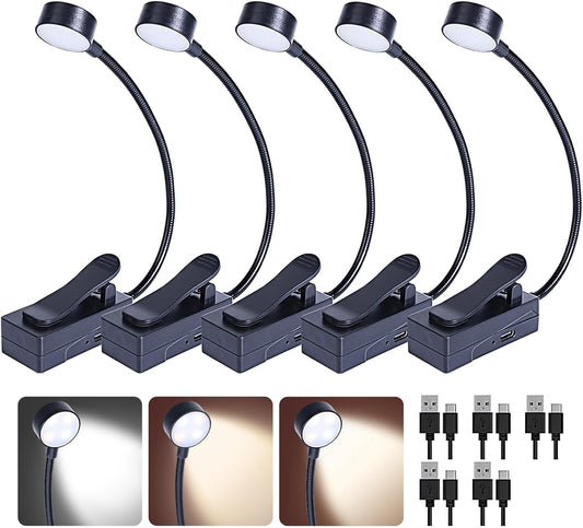KunHe 5 Pack Rechargeable Book Light Bulk Clip-On Reading Lights for Books in Bed Long-Lasting 3 Modes & 3 Brightness Levels Compact USB Charging Mini Booklights for Kids Book Lovers Bulk Gifts