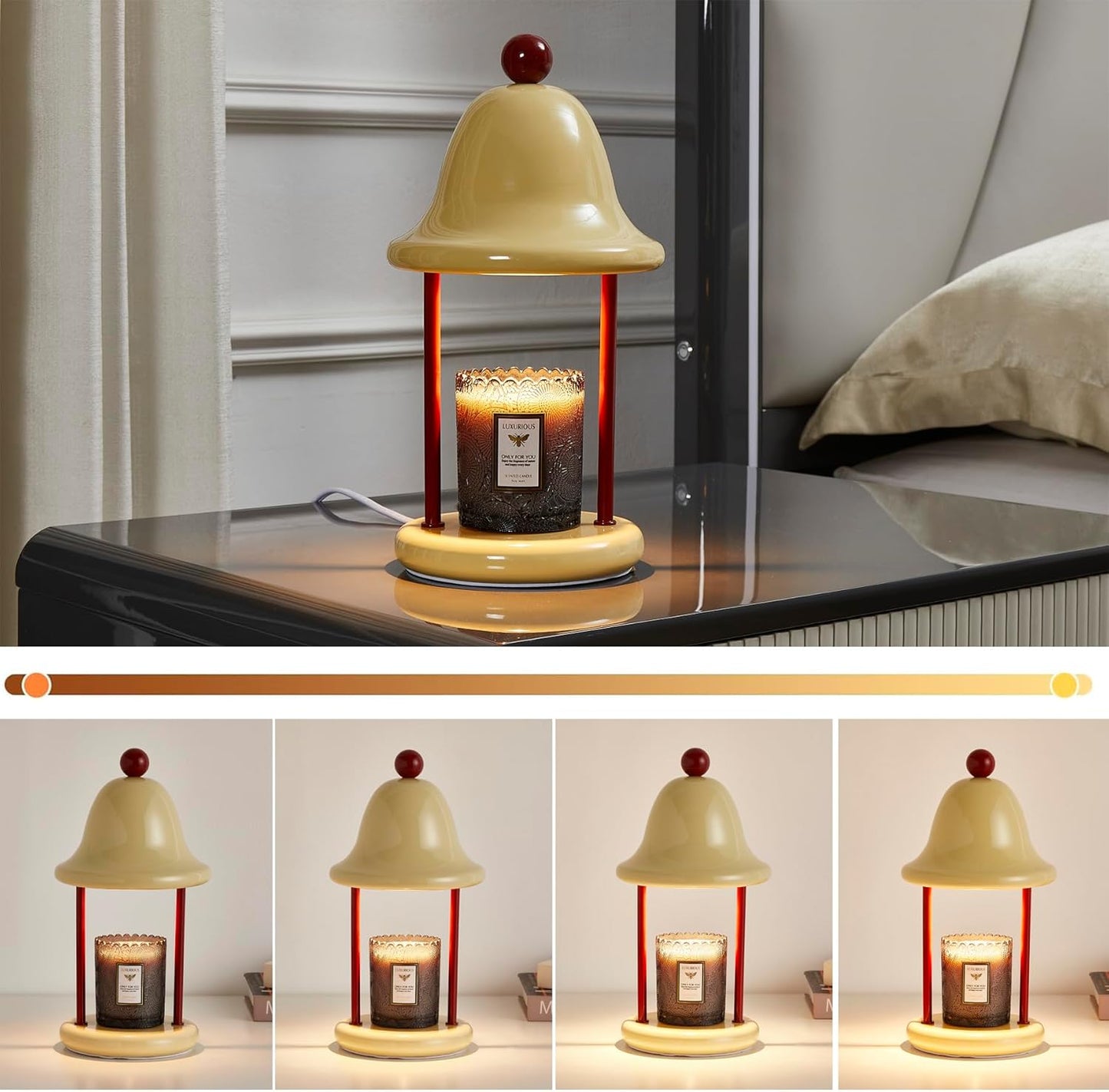 Bell Candle Warmer Lamp with Timer Dimmable, Bedroom House Office Aesthetic Living Girls Room New Home Decor, Christmas Birthday New Year Gifts for Women Mom - Light Yellow & Red