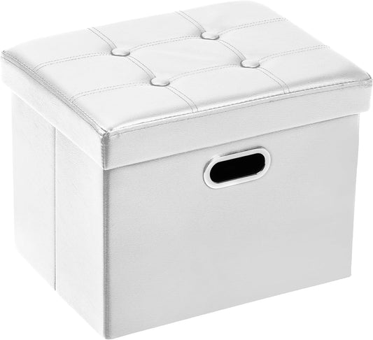 COSYLAND Storage Ottoman 17x13x13in Leather Rectangle Foot Rest Folding Bench Seat Organizer Entryway Furniture with Handles Lid White