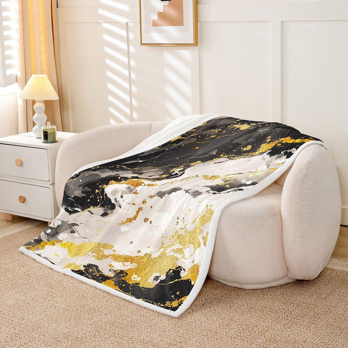 Feelyou Black Gold Sherpa Throw Blanket for Couch Abstract Super Soft Cozy Fleece Marble Blanket for Winter, Plush Throw Throw 50"x60" All Season