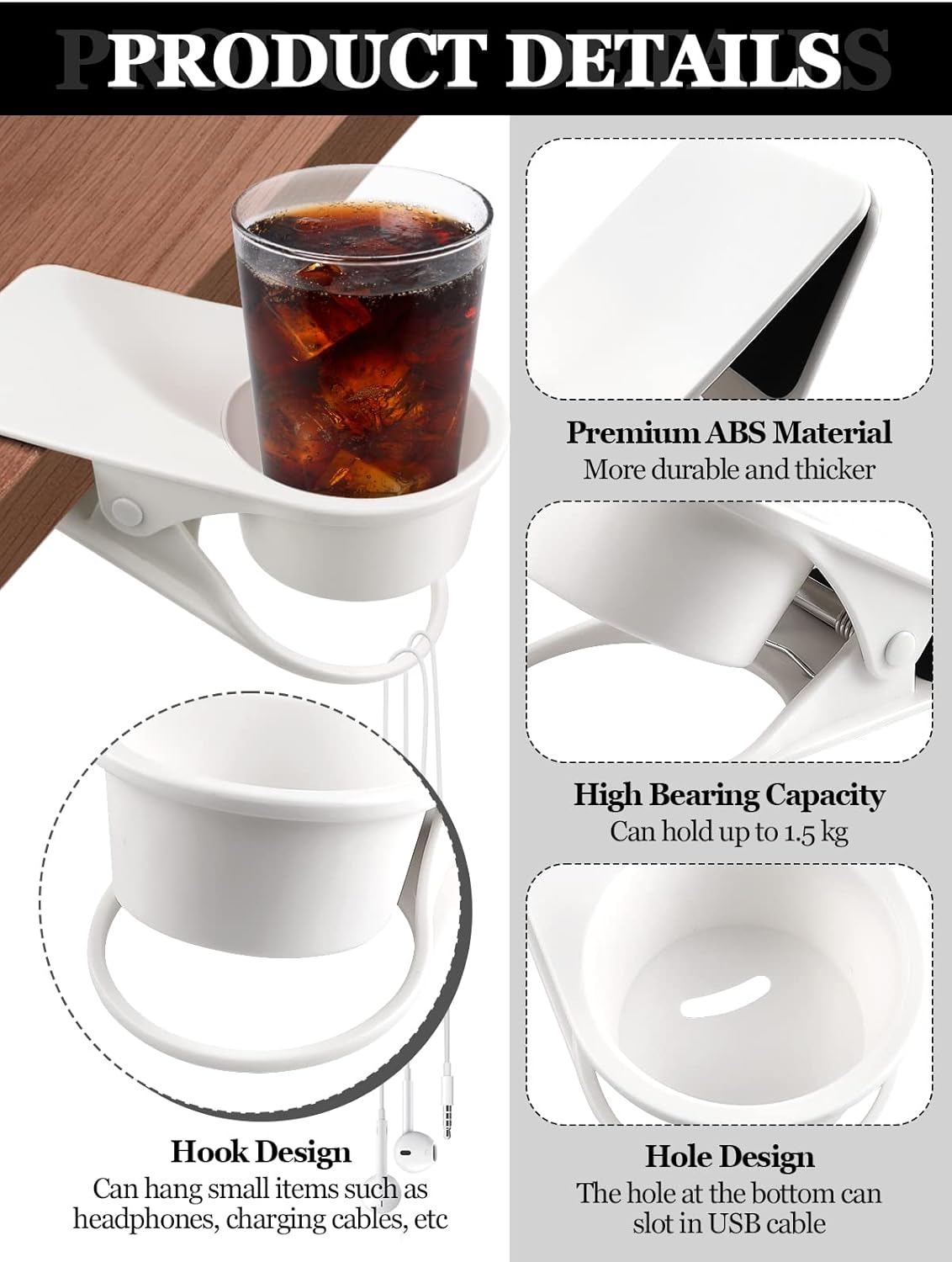 2PCS Drinking Cup Holder Clip, Kalolary Desk Bottle Cup Stand DIY Glass Clamp Storage Saucer Clip Water Coffee Mug Holder Saucer Clip Design for Home & Office, White