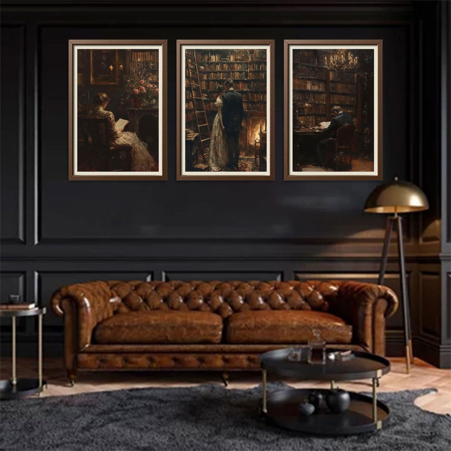 3Pcs Dark Academia Canvas Wall Art Vintage Victorian Couple Read Wall Decor Pictures Moody's Dark Library Posters Prints Gothic Lovers Paintings for Study Gallery Living Room Home Decoration Unframed