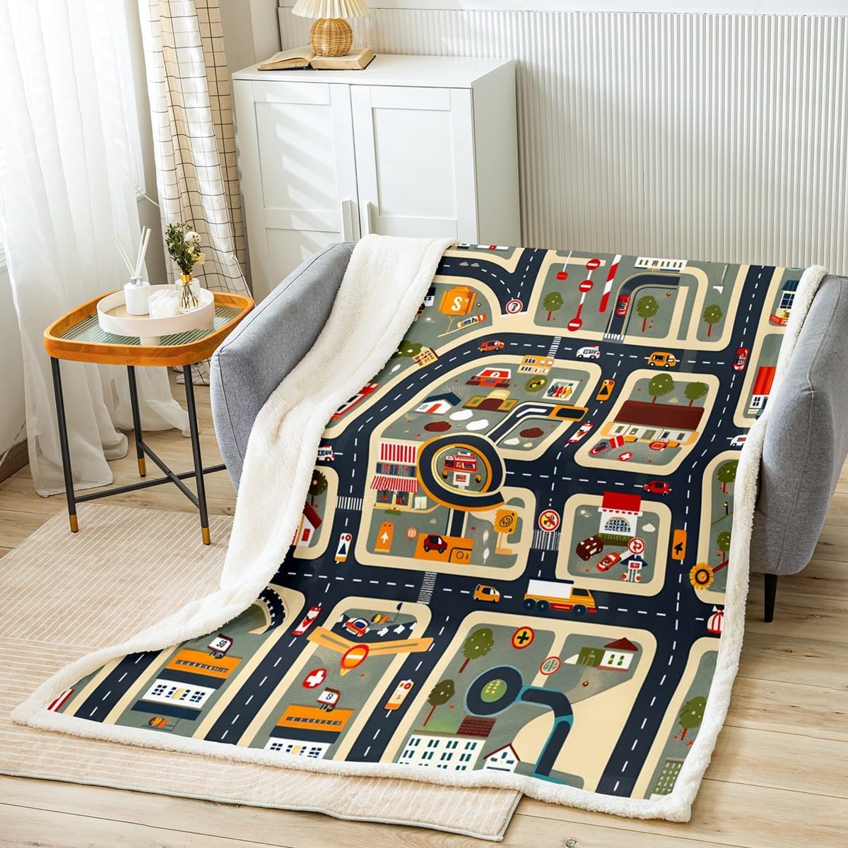 Castle Fairy Cartoon Car Throw Blanket,Kids 3D City Traffic Road Map Blankets for Child Boys Teens Room Decor,Geometric Lines Street Car Fleece Blanket Modern Dark Green Blue Sherpa Blanket,30"×40"
