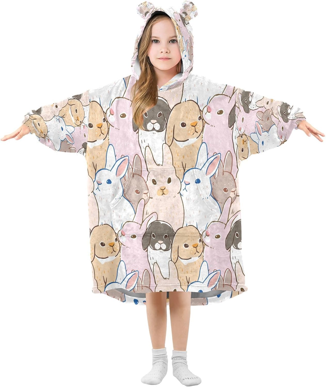 YETTASBIN Pink Bunny Wearable Blanket Hoodie for Kids, Oversized Soft Cozy Flannel Sweatshirt Blanket with Pocket