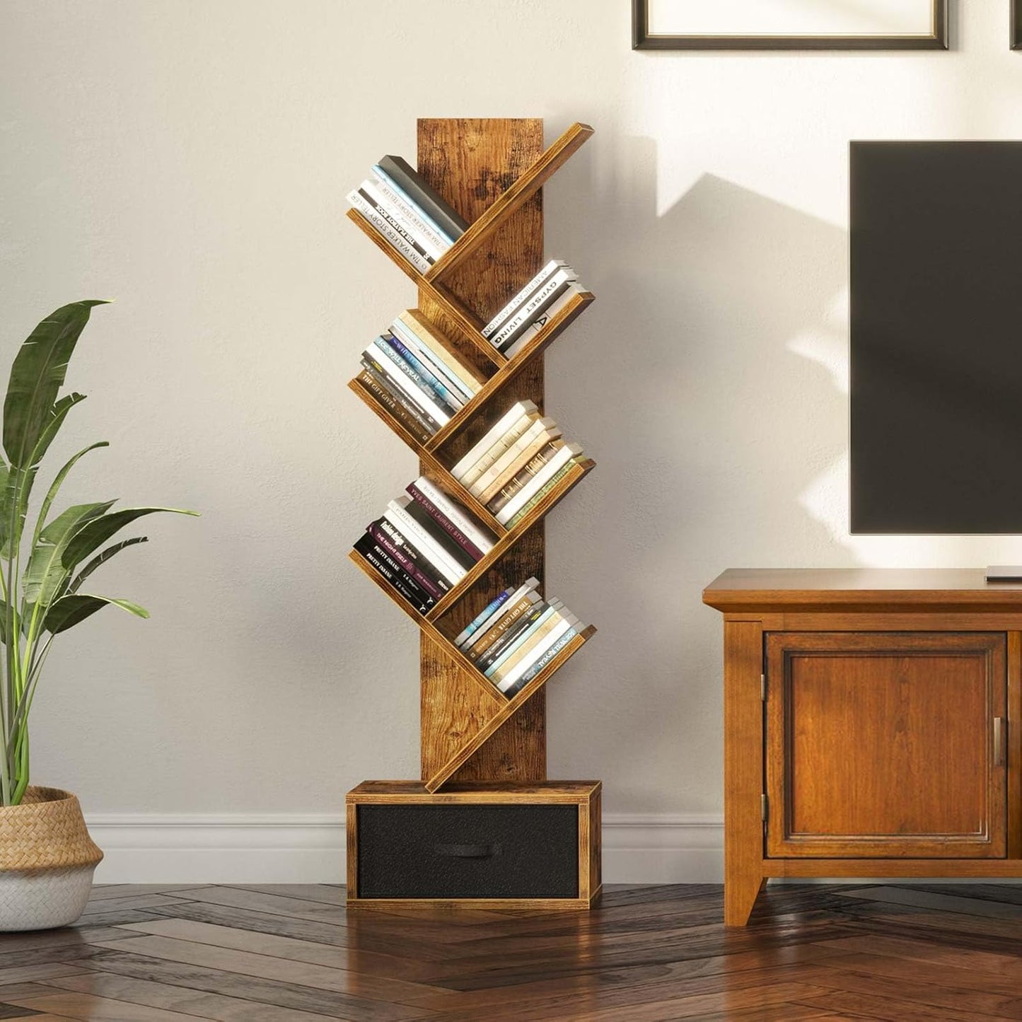 Rolanstar 7 Tier Bookshelf with Drawer, Tree Bookshelf, Small Bookshelves with Storage Rack for CDs/Movies/Books, Standing Book Shelf, Tall Narrow Bookcase for Living Room, Bedroom, Rustic Brown
