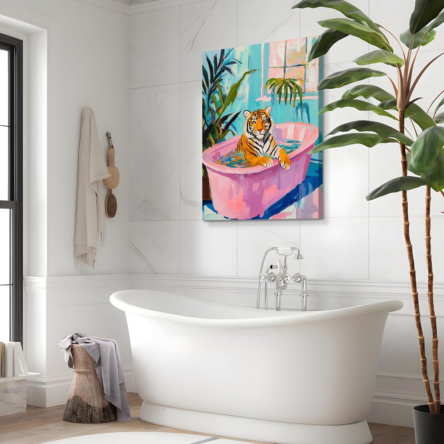 Funny Bathroom Pink Tiger Wall Art, Cute Tiger Reading Newspaper On The Toilet, Whimsical Animal Poster Prints for Restroom Bathroom, Set Of 2, 16x24 In
