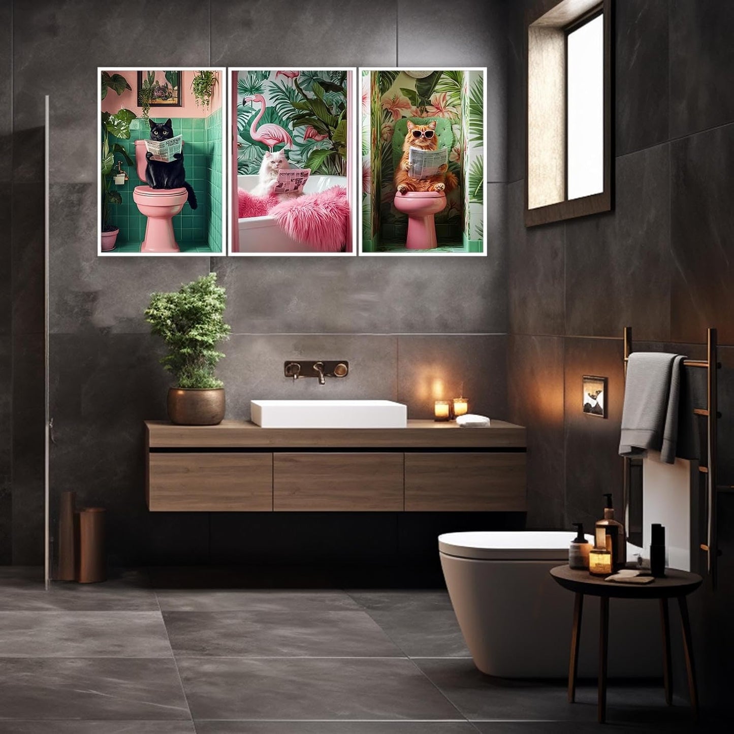 Funny Black Cat Orange Cat Toilet Art Bathroom Tropical Print White Print Reading Posters Animal Canvas Wall Art For Toilet Room Decor Aesthetics Set of 3 12X16 in Unframed