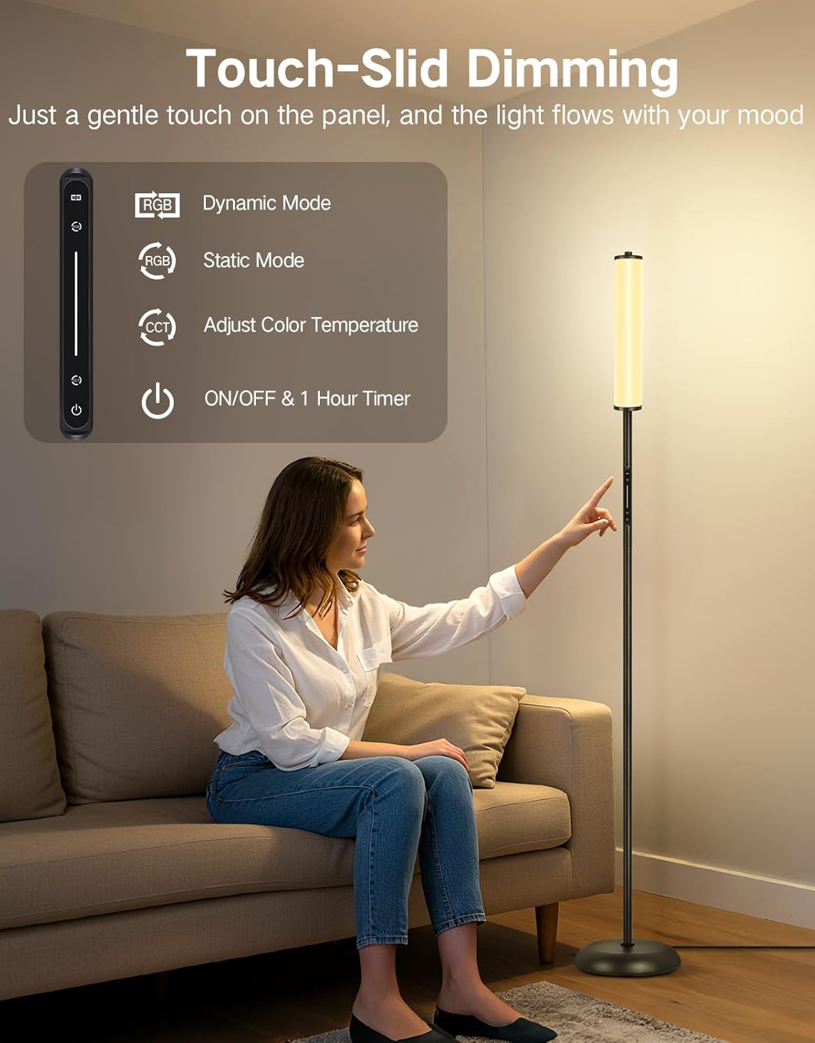 OUTON Floor Lamp for Living Room, 66 in LED Corner Floor Lamp with Remote, App and Touch Slider Control, 2200K-6500K Stepless Dimmable RGB Standing Lamp with Timer, Memory and Music Sync, Black