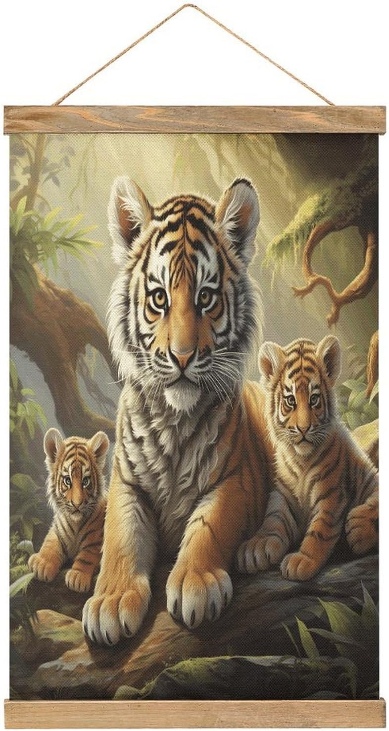 Vintage Jungle Tigers Cub Poster with Wooden Frame Personalized Linen Hanging Scroll Painting Rustic Wall Hanging Illustrative Modern Artwork Decor for Home Living Room Bedroom Office