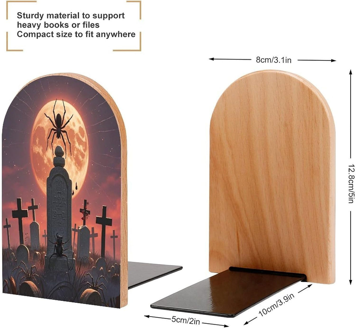 Spider Graveyard Bookends 1 Pair Heavy Duty Book Ends for Shelves Non-Skid Bookend Supports Wooden Book Holders with Metal Base Desk Organizers Books Storage to Hold Books