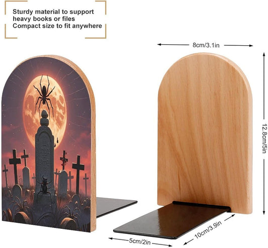 Spider Graveyard Bookends 1 Pair Heavy Duty Book Ends for Shelves Non-Skid Bookend Supports Wooden Book Holders with Metal Base Desk Organizers Books Storage to Hold Books