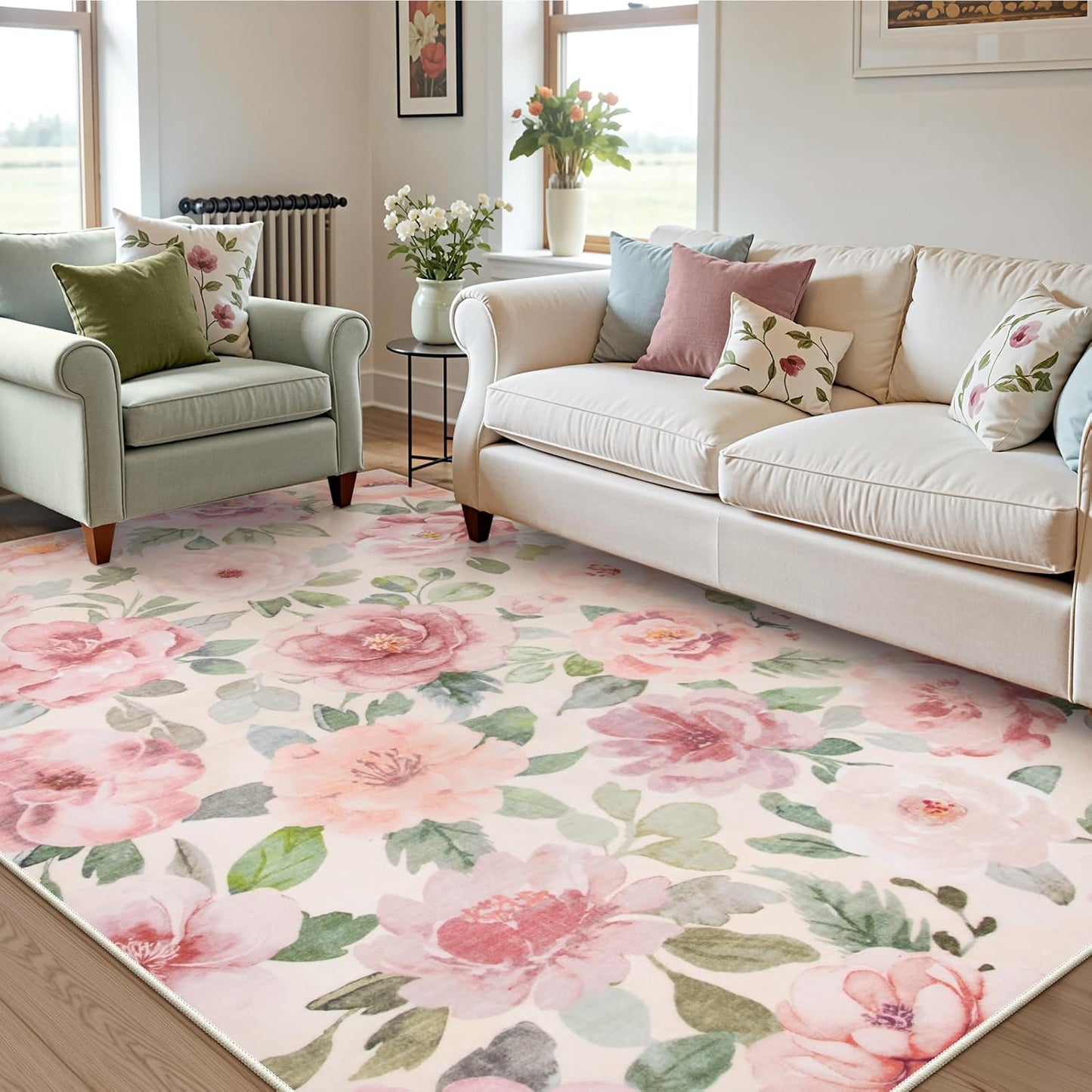 Lahome Floral Nursery Rug 5x7 Area Rugs,Soft Boho Pink Rugs for Bedroom Girls,Low Pile Large Living Room Rug, Home Decor Carpet for Dining Room Playroom Farmhouse, Beige/Multi