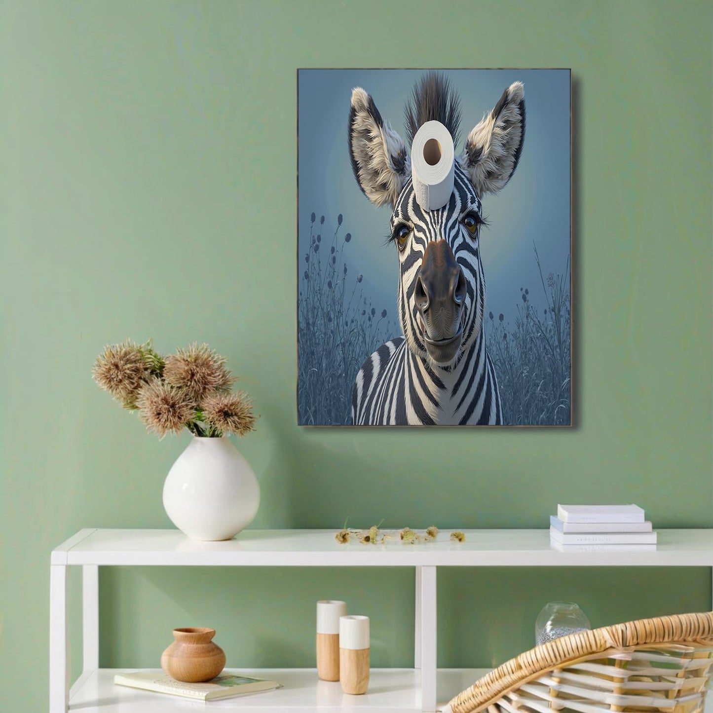 GDJSMIN Cute Animal Oil Painting Wall Art, Zebra With Toilet Paper Roll On Head Poster for Reading Room Living Room Decor 24 x 36 inch Unframed