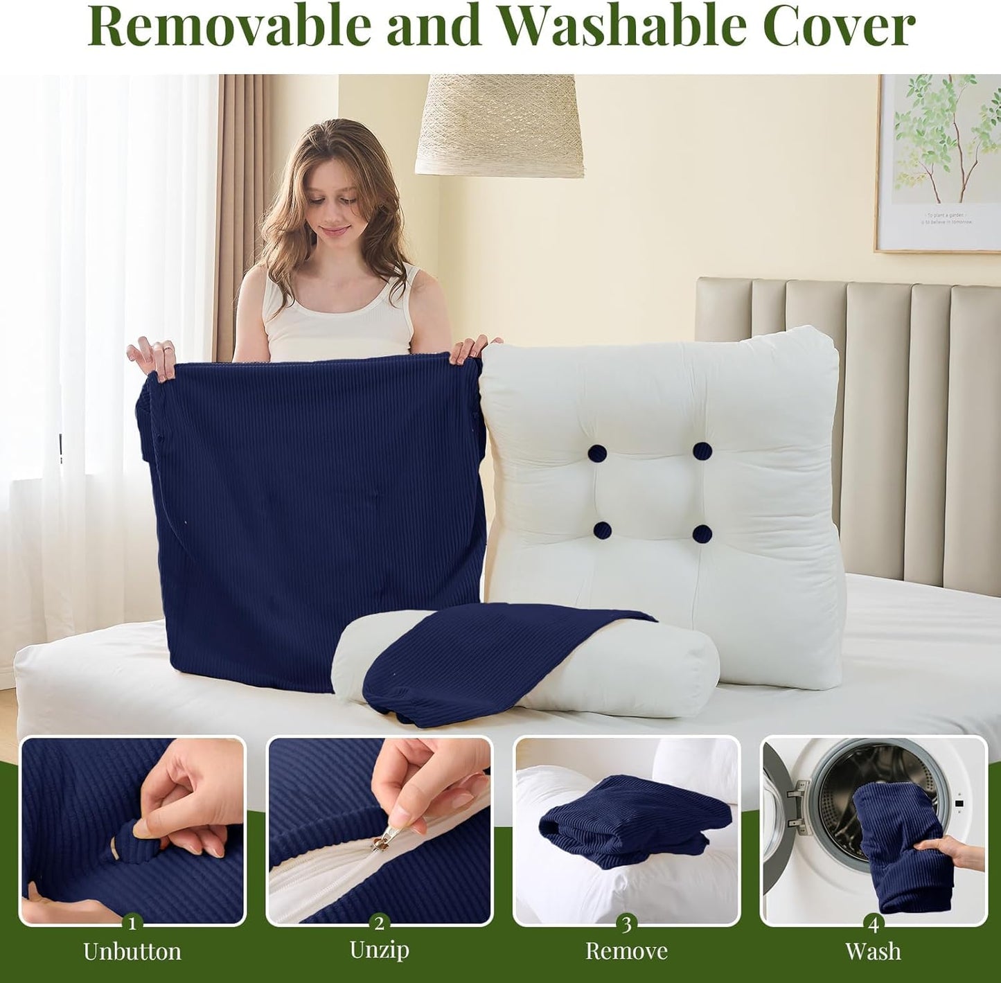 Sasttie Wedge Pillow Set, 2PCS Reading Pillow for Sitting, Bed Wedge Pillow Headborad for Sleeping, After Surgery, Acid Reflux, Leg and Back Support, with Neck Cushion, 23"x11.5"x30", Navy
