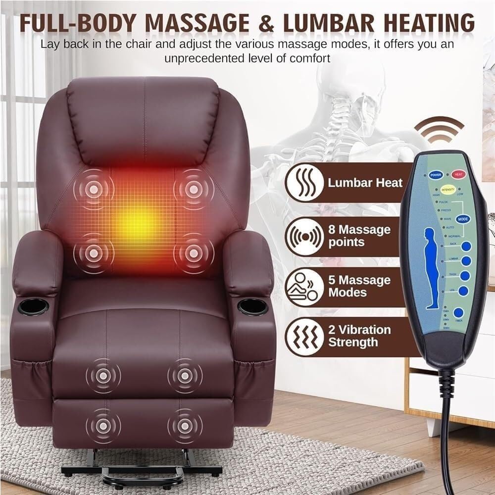 Genuine Leather Electric Lift Chair Recliner Ergonomic Lumbar Support Heat Massage Adjustable Single Theater Sofa Chairs for Elderly Comfort Seating Bedroom