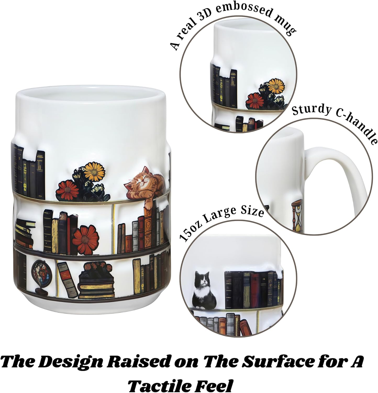 Full-Wrap Embossed 3D Book Mugs For Book Lovers Gifts For Readers Women 3D Bookshelf Mug 15Oz - A Library Shelf Cup, Cat Mugs For Cat Lovers Women And Men, Love Cats Mug Gift For Writers And Authors