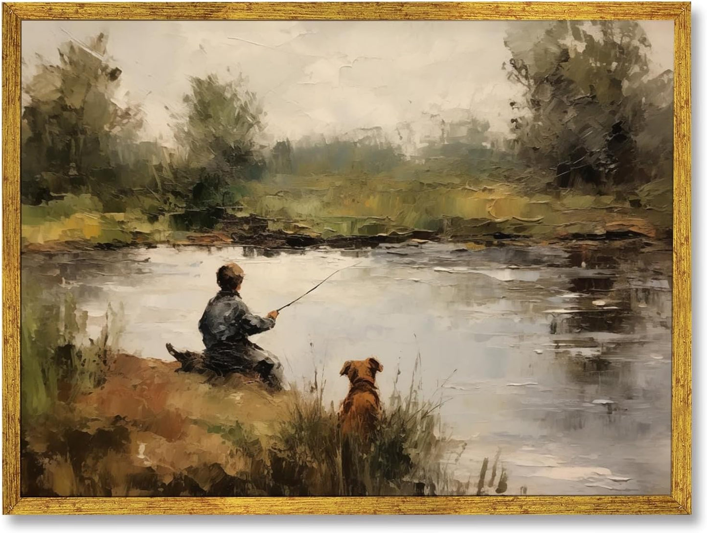 Large Gold Framed Vintage Boy Fishing Landscape Framed Wall Art Retro Lake Scene with Dog Oil Painting Poster Rustic Countryside Animal Picture Canvas Print for Farmhouse Boys Room Decor 36x24inch