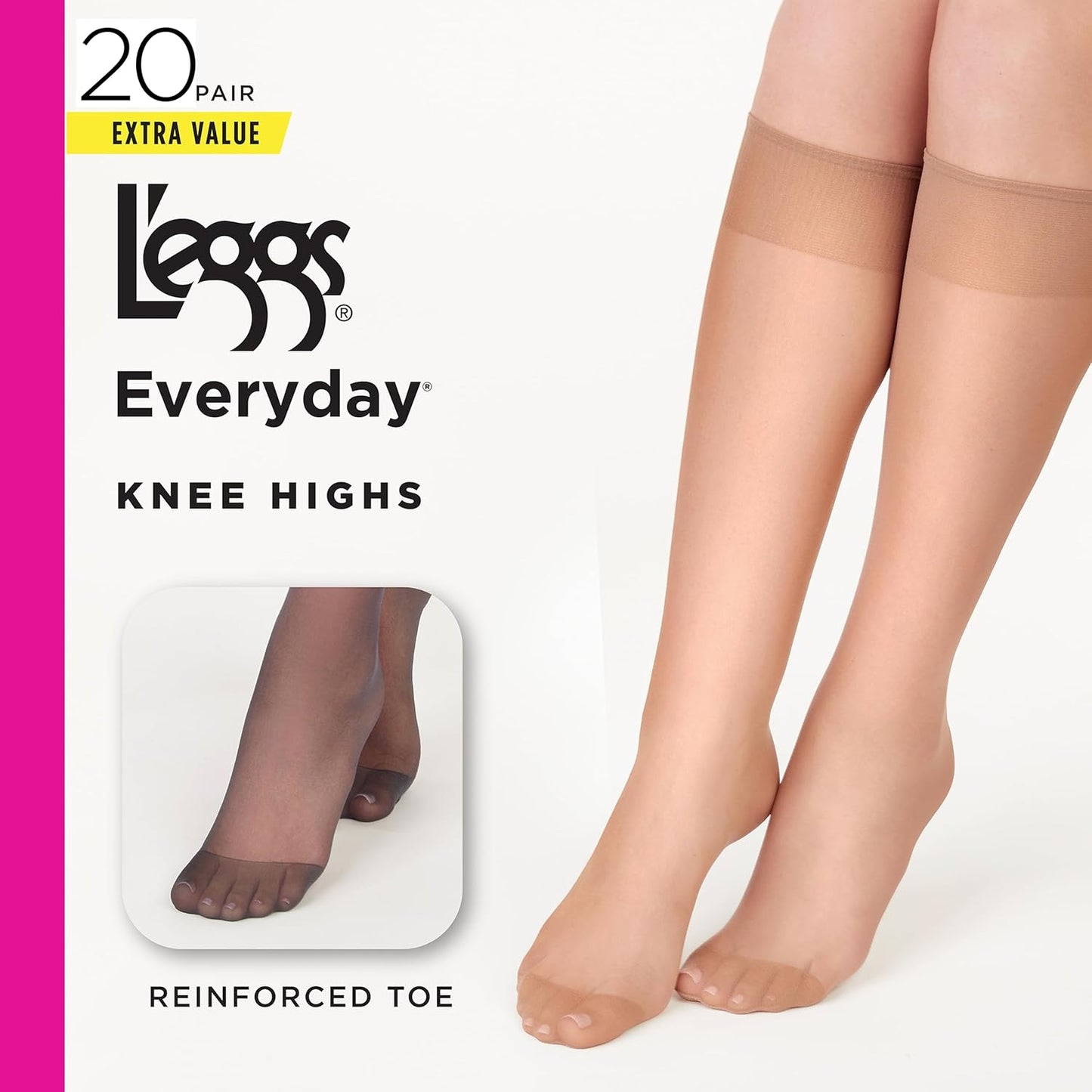 L'eggs Everyday Women's Knee High Stockings, Reinforced Toe, 100% Nylon, One Size