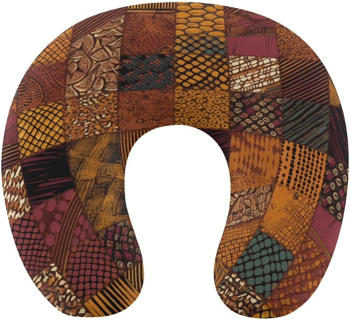 African Style Patchwork Neck Pillow Memory Foam U Shaped Pillows Portable Pillows for Shoulder Travel Head Support Pillow with Concealed Zipper for Airplane Car Home Office
