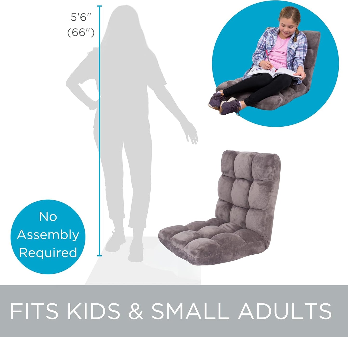 BIRDROCK HOME Adjustable Memory Foam Floor Chair - Ideal for Gaming, Reading, Meditation - Comfortable and Versatile - Suitable for Kids and Teenagers - Comfy Foldable Floor Seat - Grey