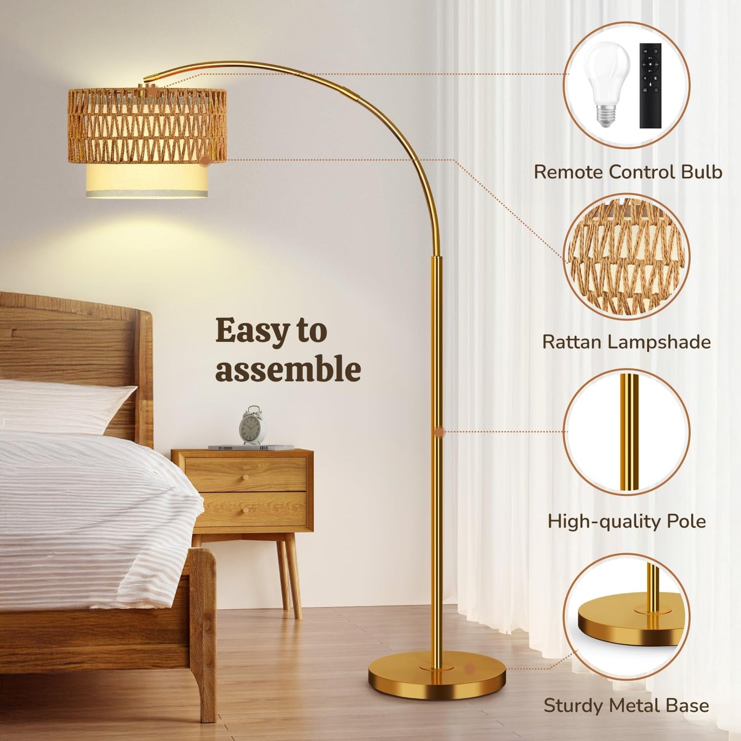 Gold Floor Lamps for Living Room, Arc Floor Lamp with Remote & Dimmable Bulb, Boho Standing lamp with 3 Color Temperatures, Adjustable Rattan & Fabric Shades Tall Lamp, Over Couch Reading Lamp