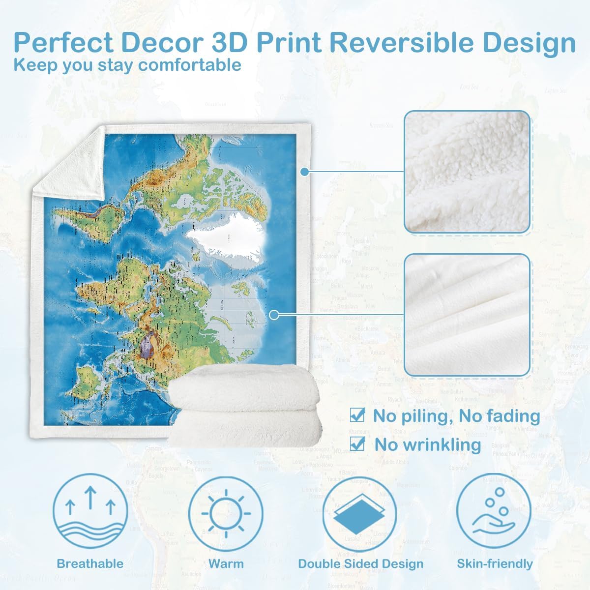 Sleepwish Map Fleece Blanket Vivid 3D Print Map of The World Sherpa Throw Blanket 60x80 Inches
