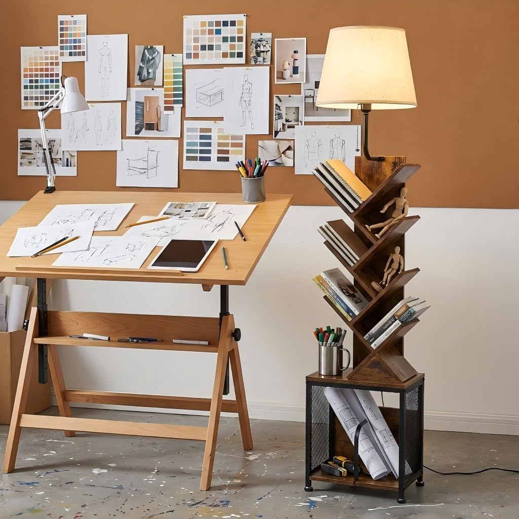 3in1 Tree Bookshelf Floor Lamp W/ Storage Cabinet, 62" Tall Reading Light with Unique Oval Fabric Shade & 8-Tier Book Organizer, Modern Standing Lamp for Living Room, Bedroom, Office (Rustic Brown)