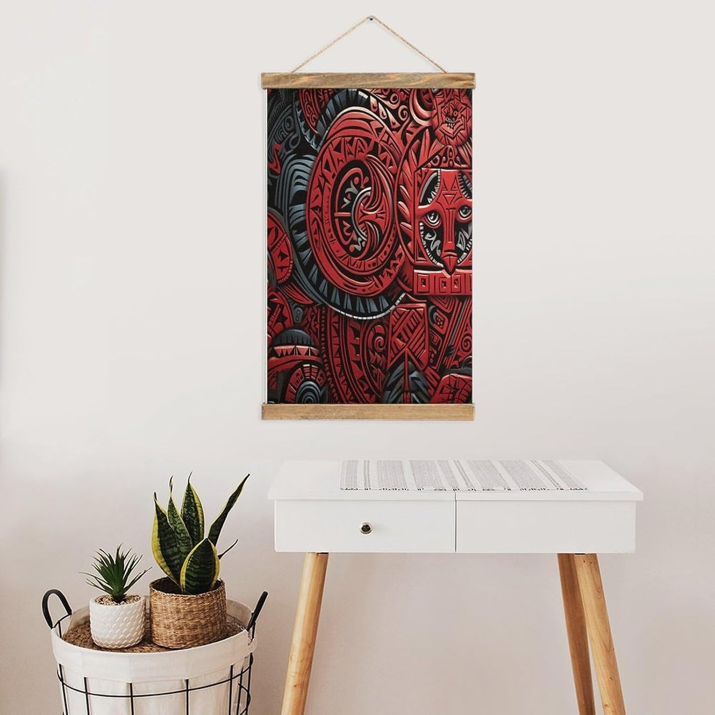 Vintage Red Tribal Pattern Poster with Wooden Frame Personalized Linen Hanging Scroll Painting Rustic Wall Hanging Illustrative Modern Artwork Decor for Home Living Room Bedroom Office