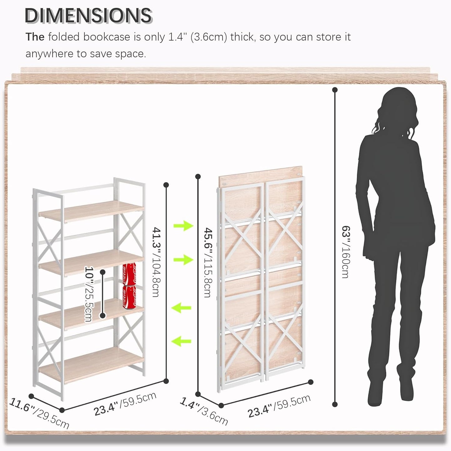 4NM 4 Tiers No Assembly Book Shelves, 41.3" H Folding Bookshelf Bookcase Open Industrial Foldable Shelves for Bedroom, Living Room, Home Office - Natural White