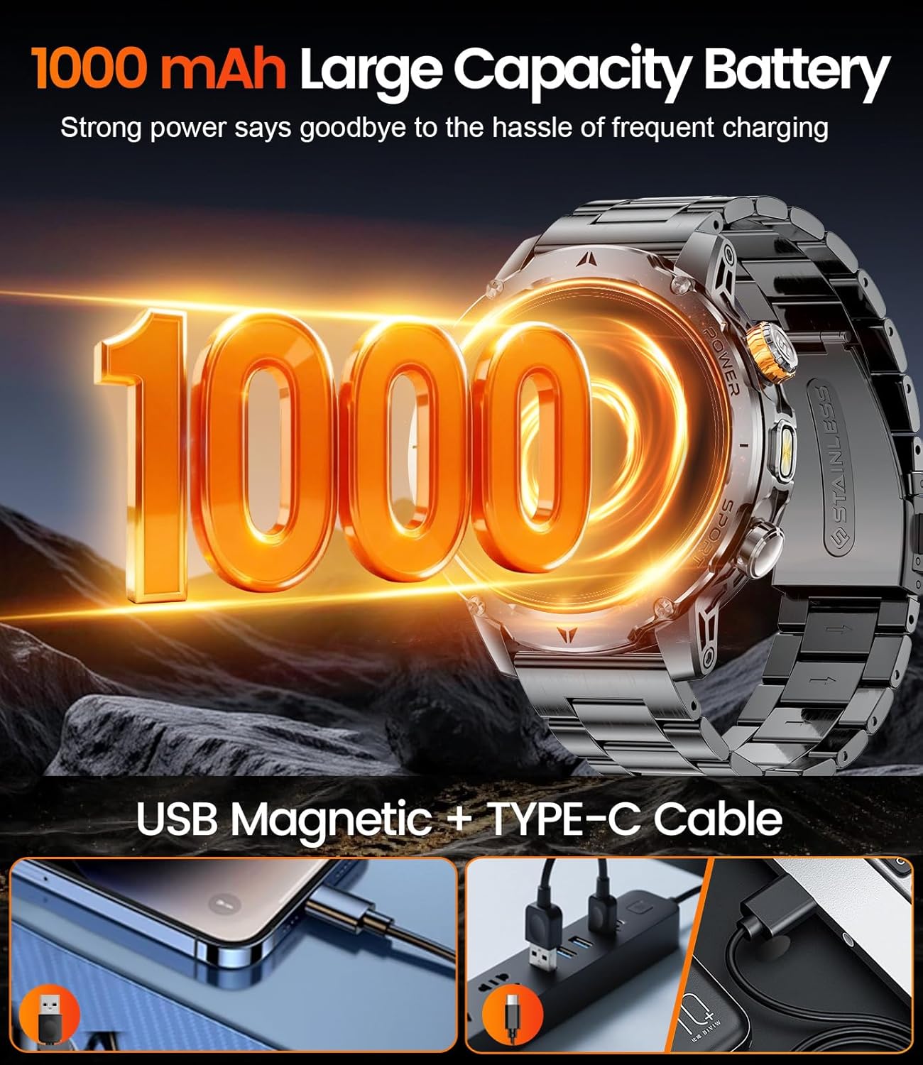 LIGE Military Smart Watches for Men(3 Bands),1000mAh Battery/1.7" HD Large Screen Smartwatch, Flashlight/120+ Sports Modes/Sleep Monitor, 5ATM Waterproof Fitness Tracker Watch for Android iOS,Black