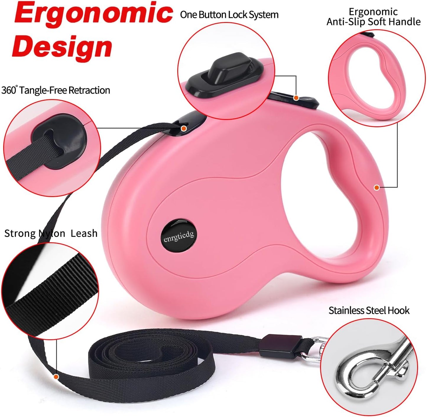 16Ft Retractable Dog Leash,Light Weight Leash for Small to Medium Dogs/Cats Up to 50lbs,Stainless Steel Spring Strong Nylon Tape, Tangle Free, One-Handed Brake.(Pink)
