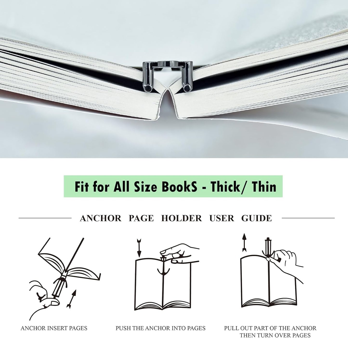 Anchor Page Holder for Hands Free Reading Bookmark Book Opener Reader Gift Metal Portable Music Recipe Book Hardcovers Paperbacks Magazines Clip Accessories, Black