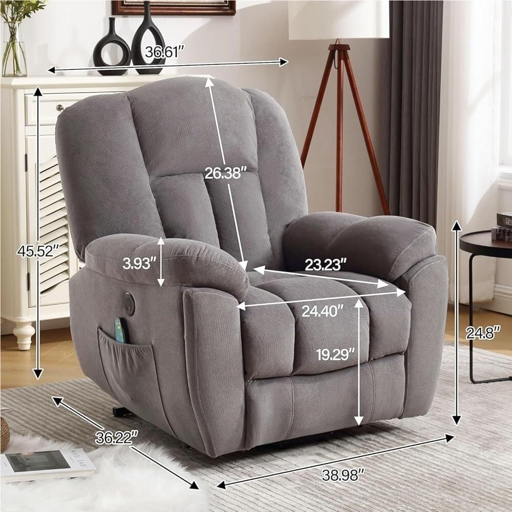 Large Electric Lift Recliner Chair with Heat and Massage Electric Standing Assist Sofa Zero Breathable Fabric with Side Pocket and USB Charge Port for Living Room