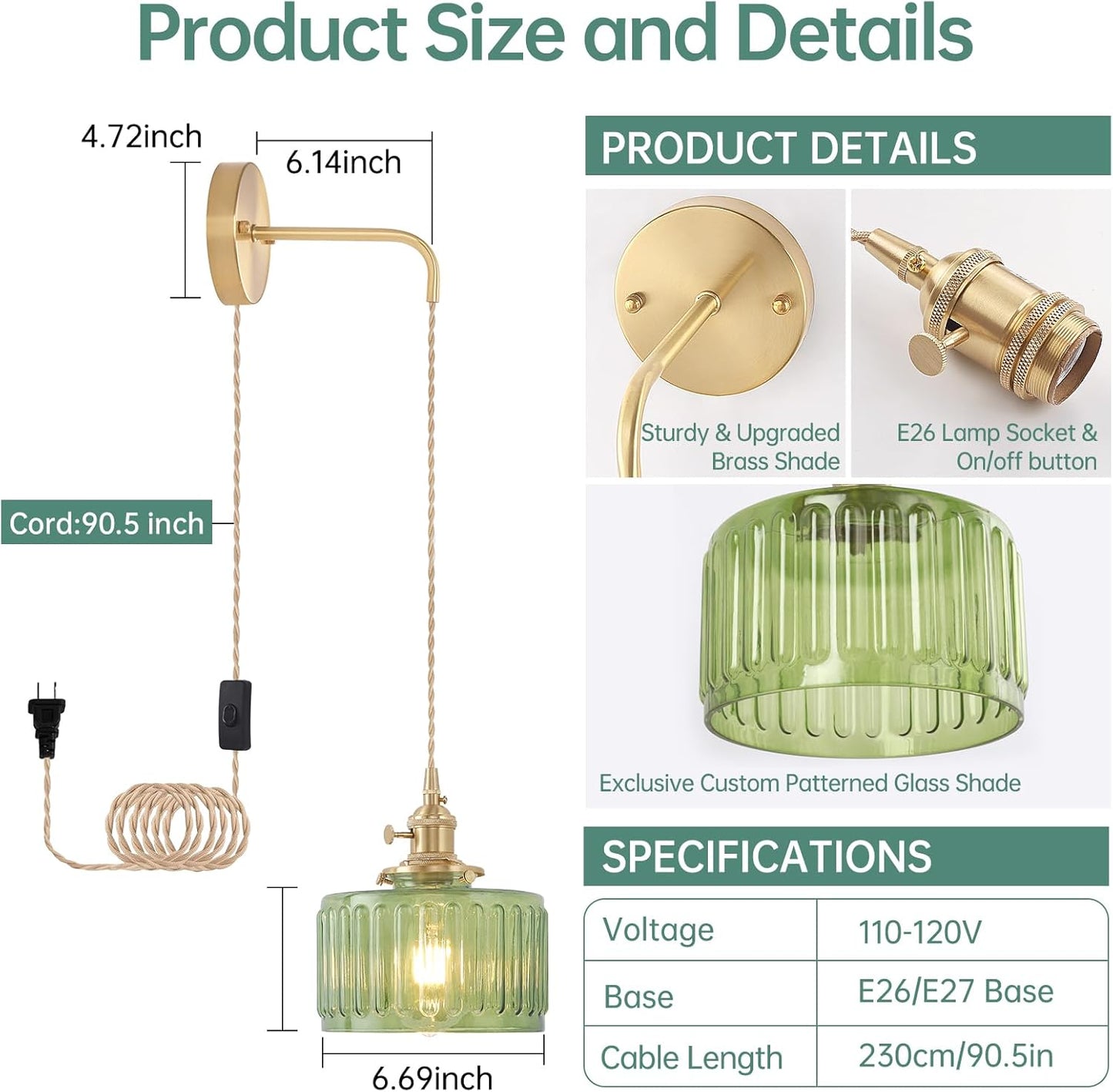 Vintage Wall Sconce Wall Lamp with Green Striped Glass Shade Hanging Wall Sconce with 4.9FT Plug in Cord, Modern Wall Lamp Fixtures Decor for Bedside Bedroom Indoor Doorway