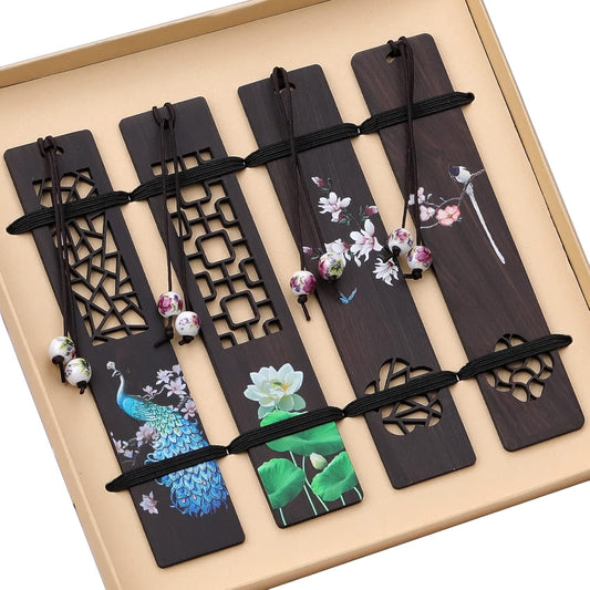 ZIZZON Wooden Bookmark for Men Women, Handmade Natural Wood Carving, Hollow Out and Painted Craft, Ideal Gifts for Men Women Friends Girls Teachers, Birthday Present (Peacock and Lotus)