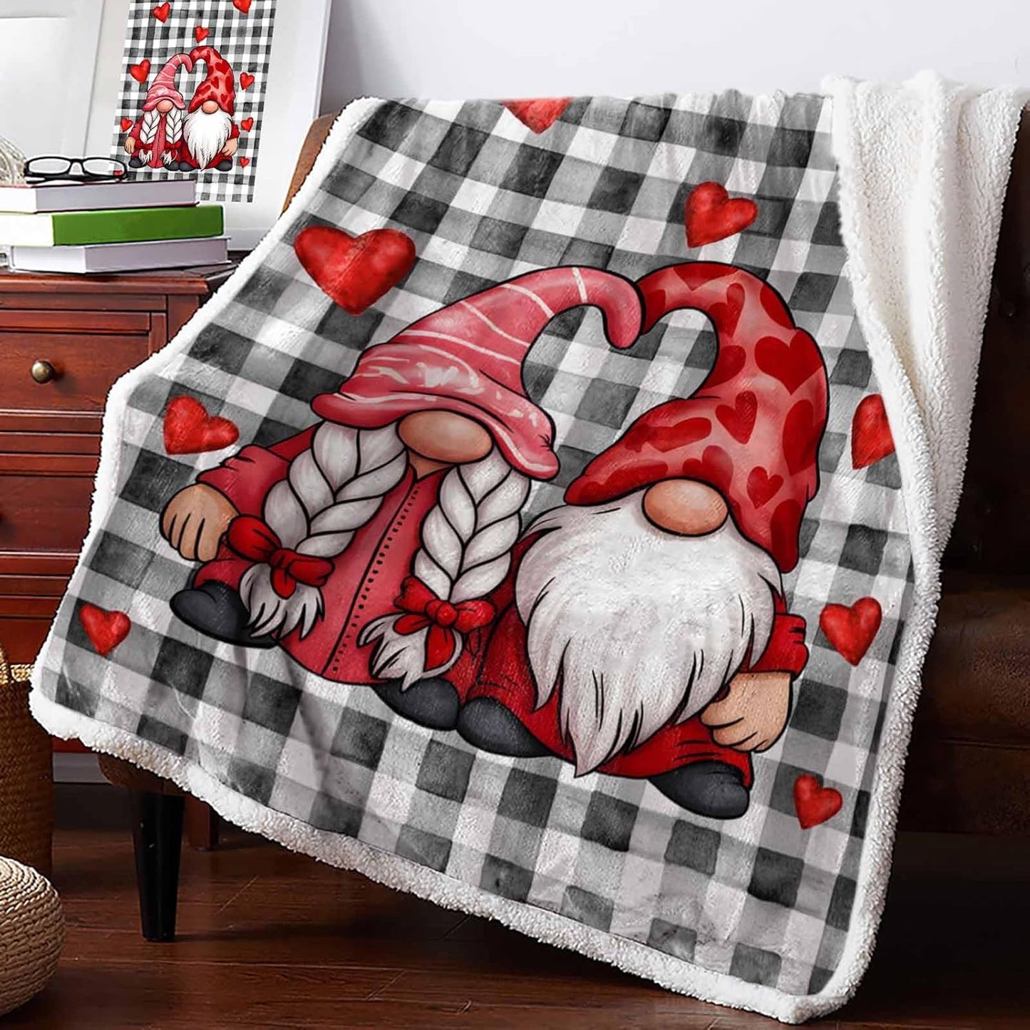 Valentines Throw Blanket Gnome Lover Sherpa Fleece Throws Blanket for Couch Sofa Bed Red Heart Black Check Plaid Blankets Fuzzy Cozy Soft Plush Thick Warm Blankets for Valentines Day Decor, 40x50 Inch