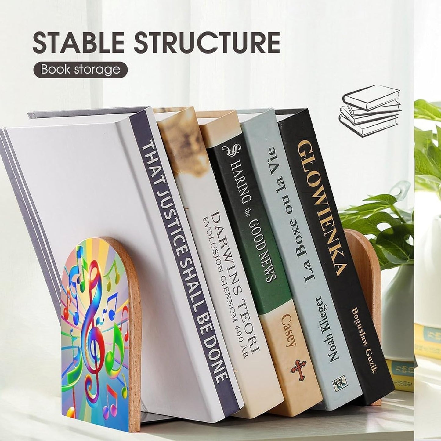 Colorful Music Bookends 1 Pair Heavy Duty Book Ends for Shelves Non-Skid Bookend Supports Wooden Book Holders with Metal Base Desk Organizers Books Storage to Hold Books
