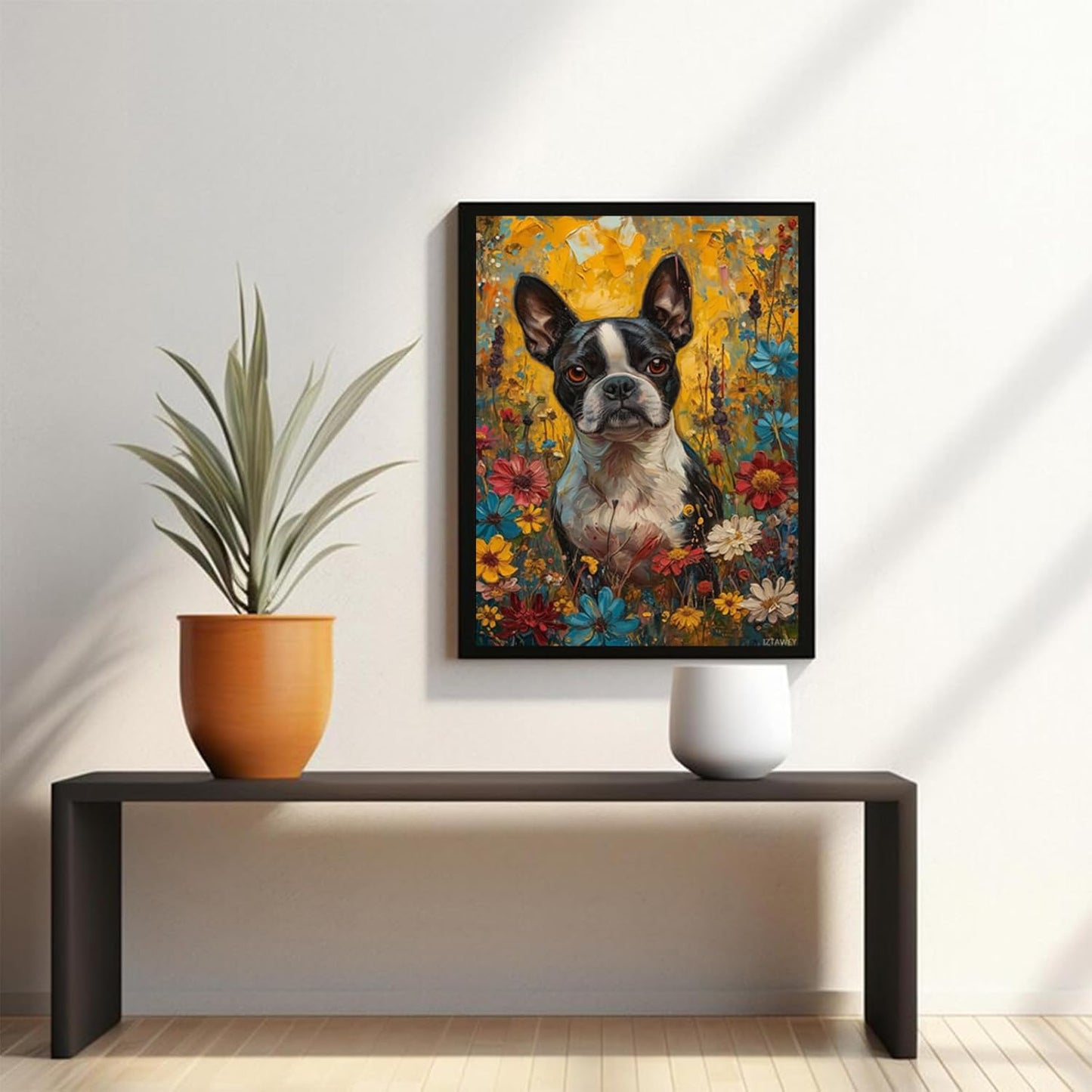 IZTAWEY Wall Art Boston Terrier Art for Bathroom Painting Animal Canvas Prints Room Decor Bedroom Living Room Office Apartment Kitchen Decoration Artwork 12x16inch Without Frame