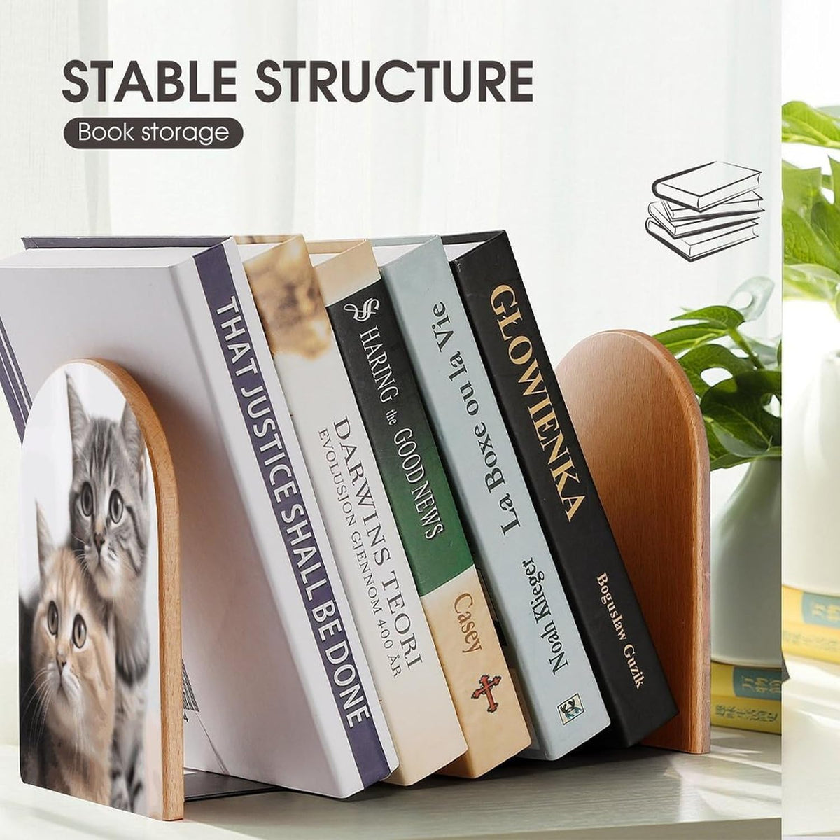 Non-Slip Bookend for Shelves Cats Wooden Bookends with Metal Base Decorative Book Stopper for Home Heavy Duty Wood Book Storage for Books/CDs