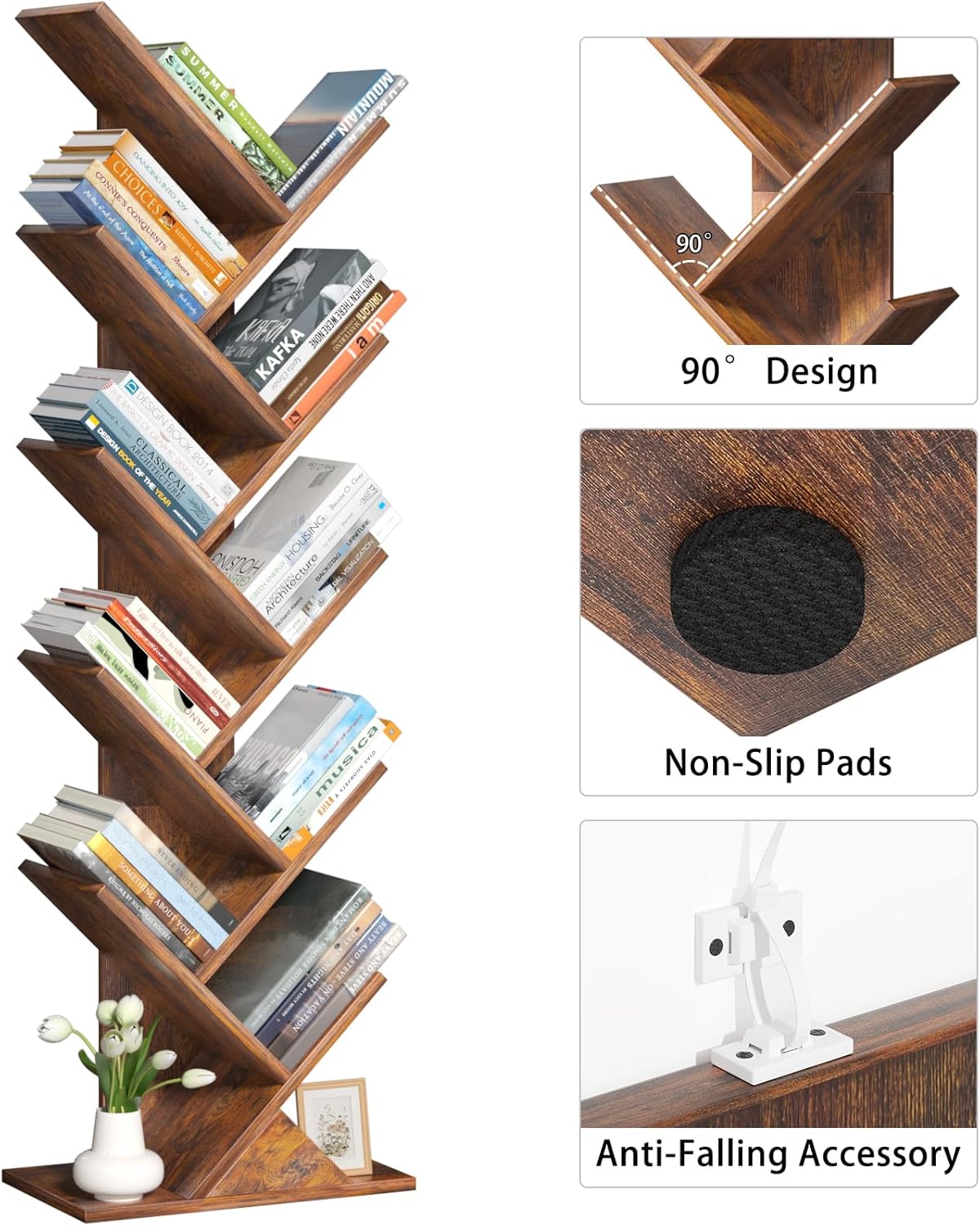 10 Tier Tree Book Shelf, Floor Standing Wood Bookshelf for Narrow Space, Storage Organizer Bookshelves for Books/CDs/Magazine, Bookcase with Shelves for Home Office, Living Room - Brown