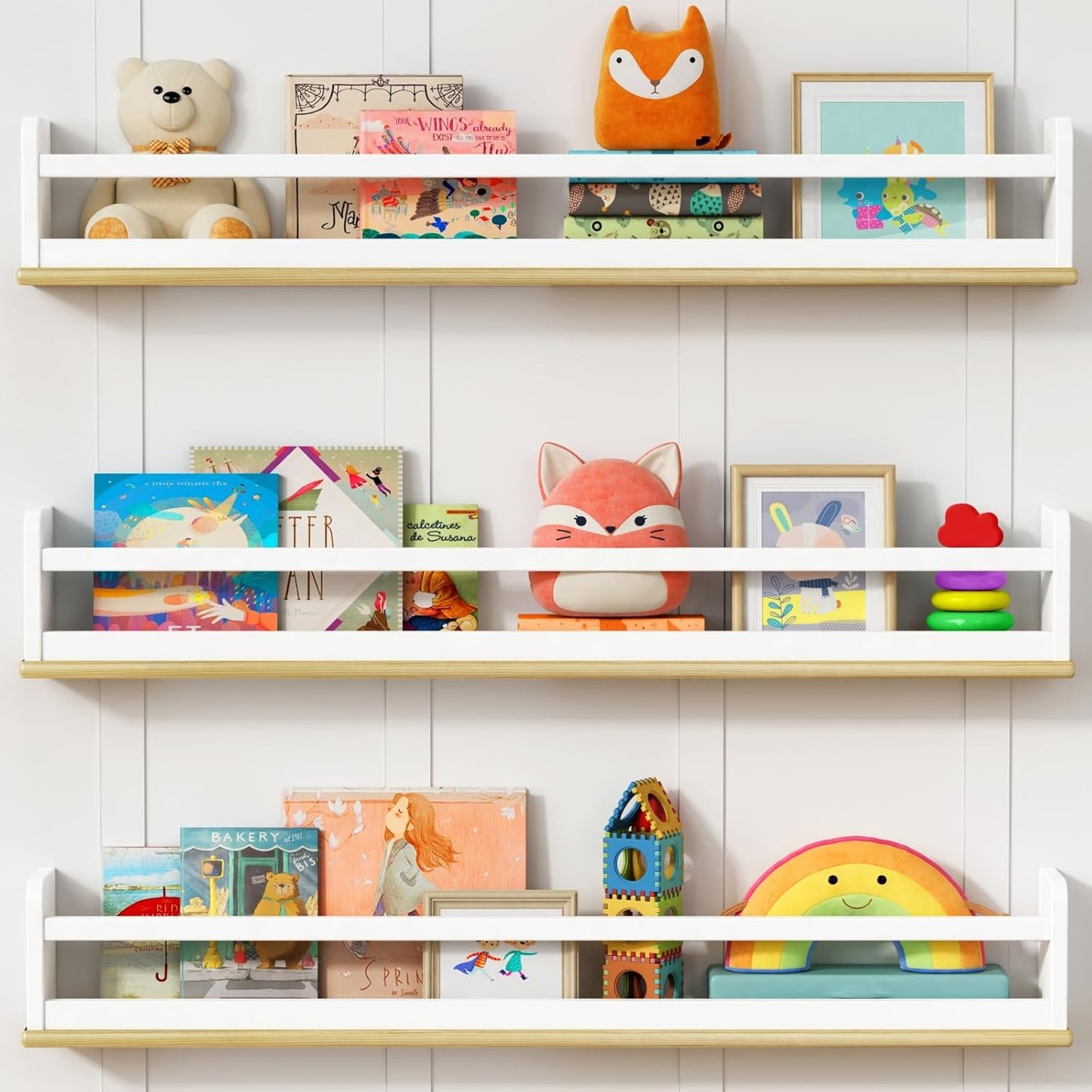 Kids Bookshelf Wall Mounted 36 Inch Long, White and Natural Wood Nursery Floating Bookshelves for Wall, Large Hanging Book Shelves for Baby Toddler Kid Childs Bedoom Playroom -Set of 3