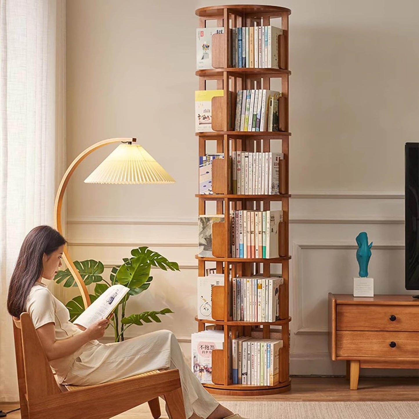 Rotating Bookcase, Multi-Layer Solid Wood Bookshelf, 360 Degree Design, Holds 300+ Books, Ideal for Home & Children's Rooms, Floor-to-Ceiling Storage Solution