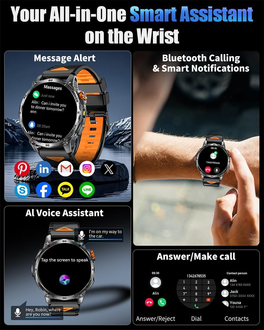 Military Smart Watches for Men,1000mAh/1.7" HD Large Screen Smartwatch, Led Flashlight, Answer/Make Calls,Waterproof,Heart Rate/Sleep Monitor/110+ Sport Modes Fitness Watch for Android/iPhone