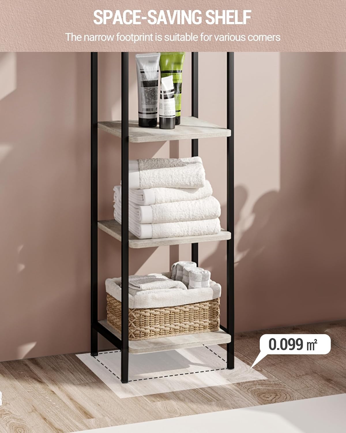 Bookcase Bookshelf, Narrow Book Shelf, Industrial Corner Shelf Storage Organizer, Slim Shelving Unit for Home Office, Living Room, Bedroom, Kitchen, 5-Tier Greige and Black BC24505B