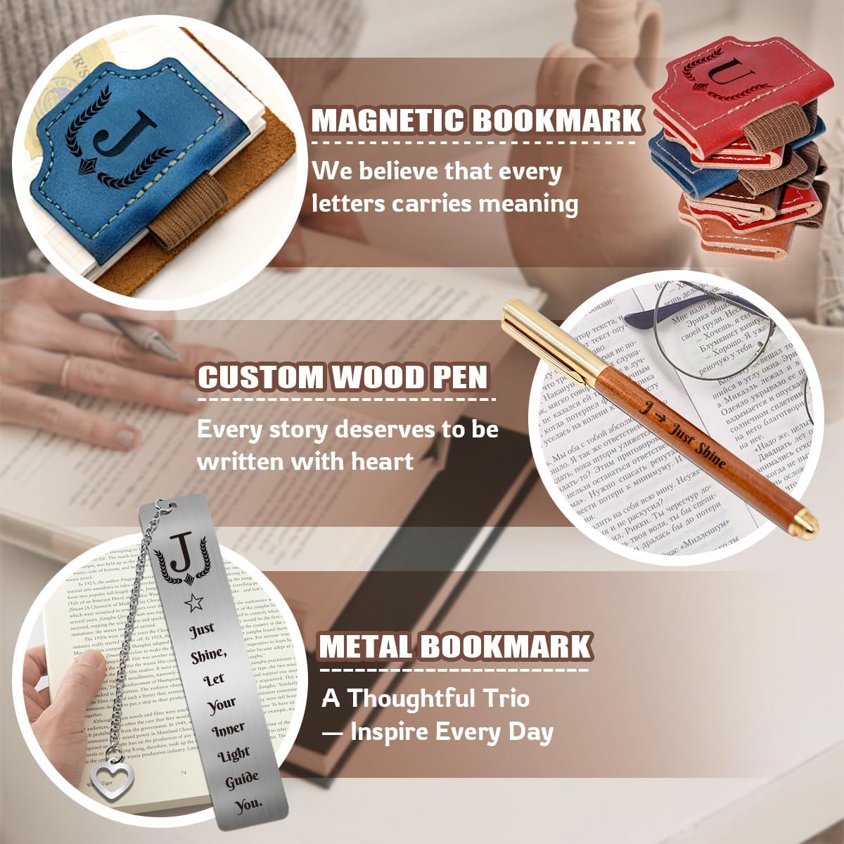 3Pcs Personalized Magnetic Leather Bookmark with Pen Holder Custom Bookmarks Gift Set Include Metal Book Marks & Wooden Pen, Customized Book Markers Gift for Book Lover Readers Women & Men (Brown,J)