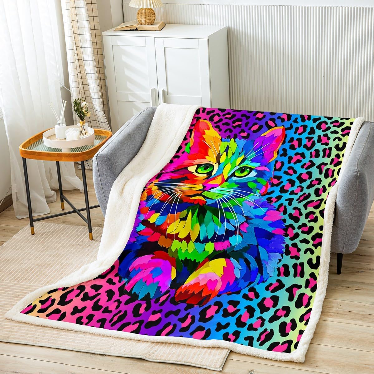 Erosebridal Leopard Print Fleece Throw Blanket, Girls Pink, Purple & Blue Cheetah Print, Kawaii Tie Dye Kitten - Wild Animal Theme Sherpa 50"x60"